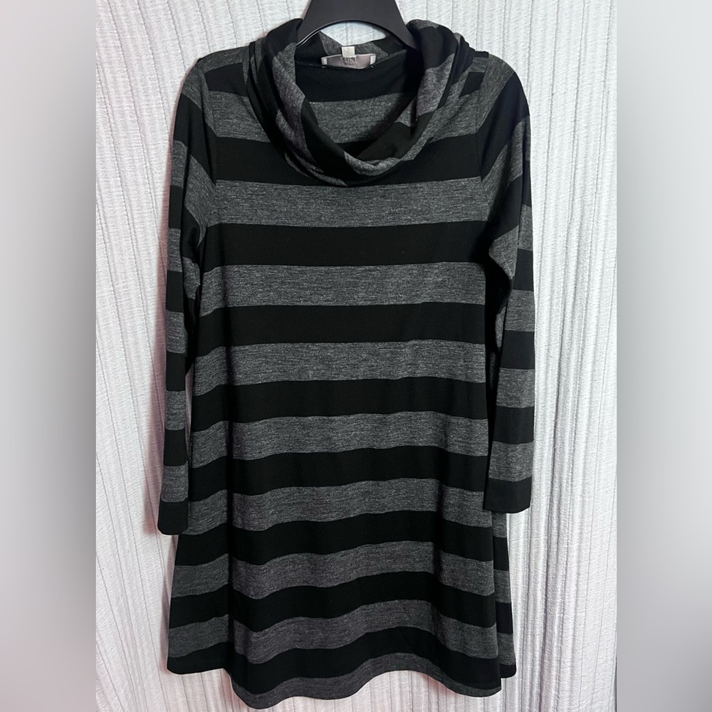 LOFT Charcoal and Black Striped Cowl Neck Dress